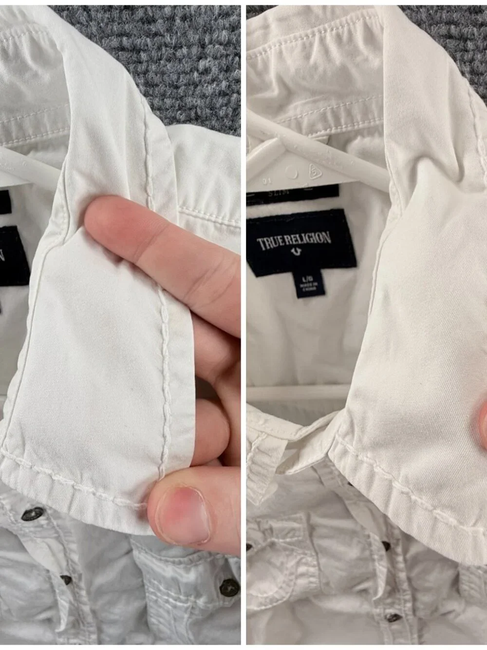 True Religion White Button Up Shirt Men Long Sleeve Large Slim Fit Pockets Urban